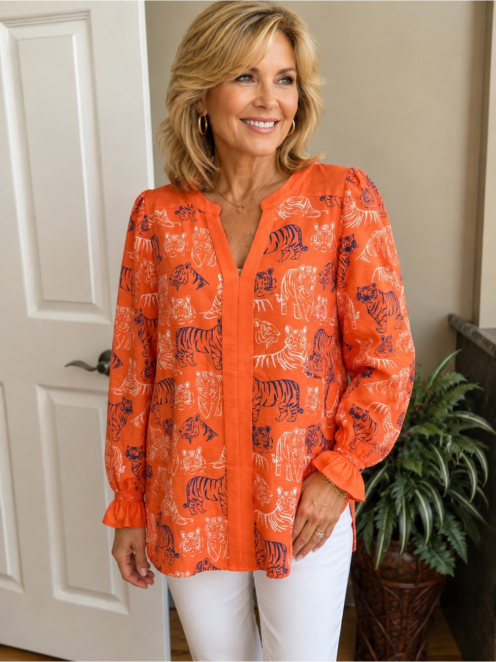 Women's Orange Printed V-Neck Blouse